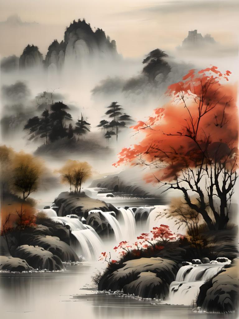 Chinese Paintings,Chinese Paintings, Nature, landscape, no humans, tree, scenery, waterfall, water, outdoors