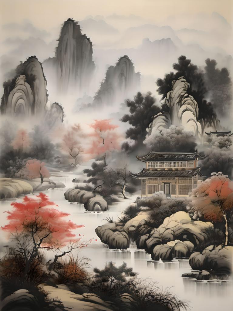 中国絵画,中国絵画, 自然, 風景, 人間がいない, 木, 景色, 建築, 東アジアの建築, 山, 水, ロック, 霧, 屋外, 滝, 自然, 空, 雲