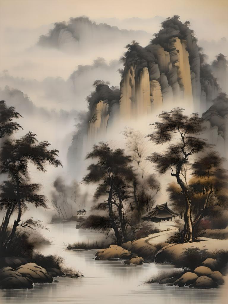 Chinese Paintings,Chinese Paintings, Nature, landscape, no humans, scenery, tree, fog, water, outdoors