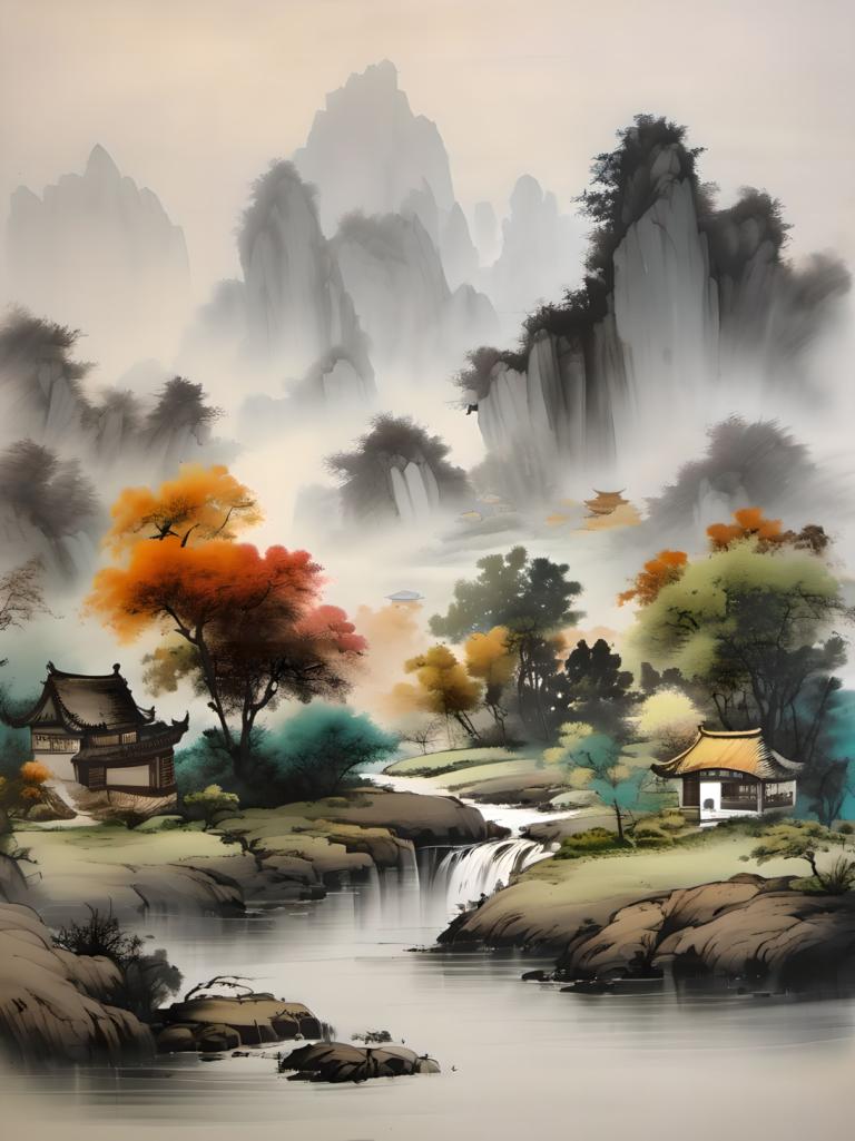 Peintures chinoises,Peintures chinoises, Nature, paysage, pas d'humains, paysage, arbre, eau, cascade