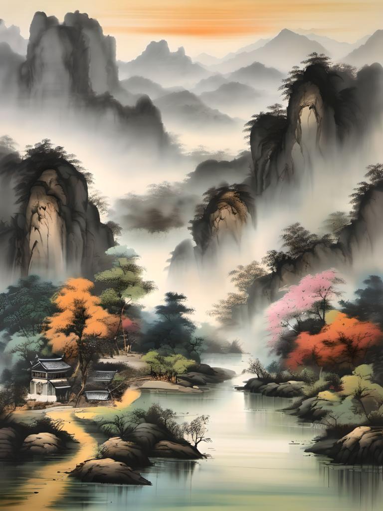 Chinesische Gemälde,Chinesische Gemälde, Natur, Landschaft, keine Menschen, Landschaft, Baum, Berg, Wasser