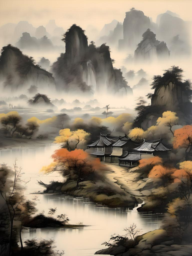 Peintures chinoises,Peintures chinoises, Nature, paysage, pas d'humains, paysage, arbre, eau, cascade