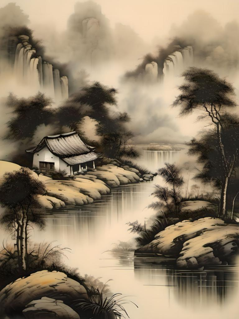 Chinese Paintings,Chinese Paintings, Nature, landscape, no humans, tree, water, scenery, nature, fog, sepia