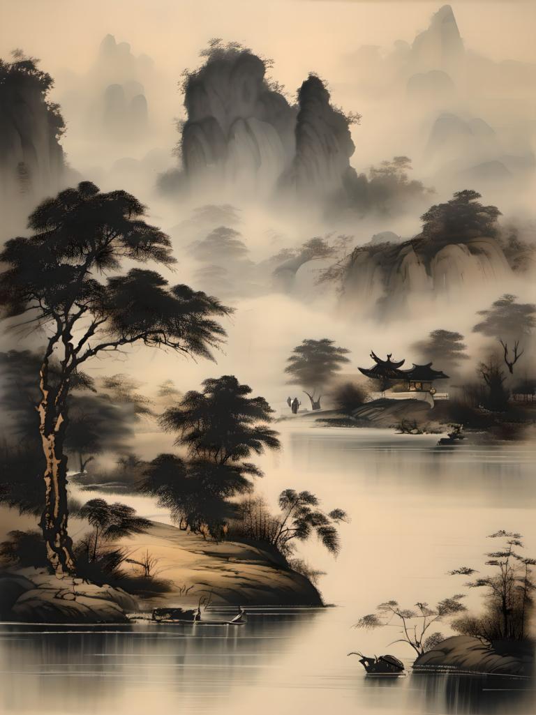 Chinese Paintings,Chinese Paintings, Nature, landscape, tree, scenery, water, outdoors, mountain, fog, nature