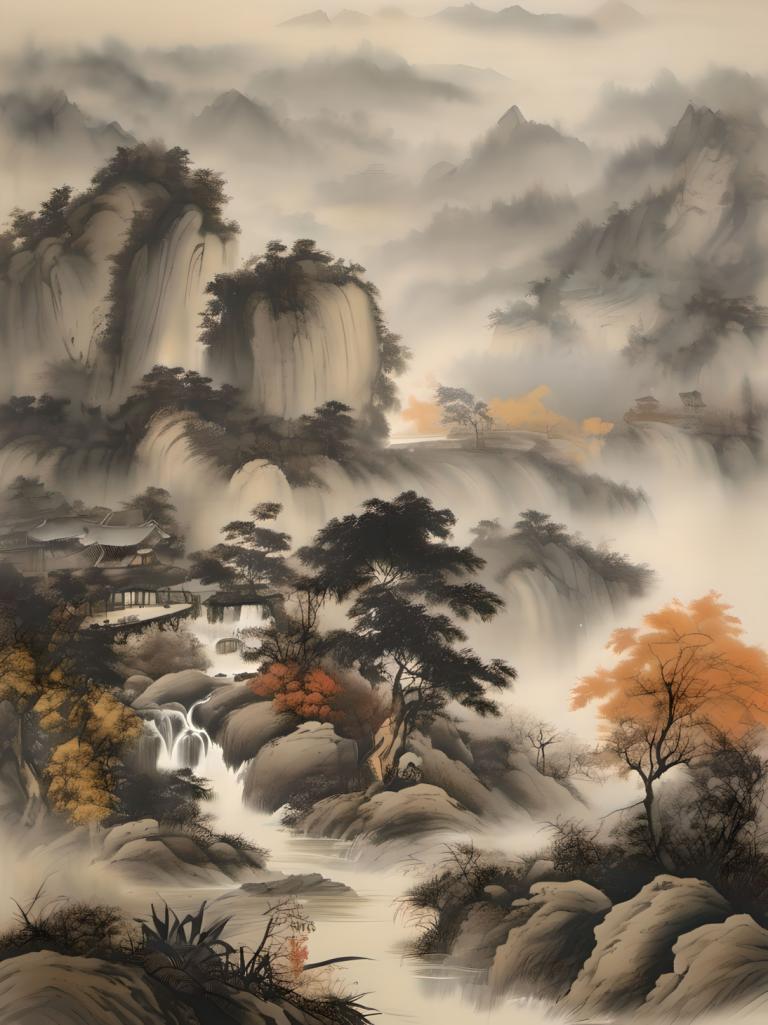 Chinese Paintings,Chinese Paintings, Nature, landscape, waterfall, scenery, tree, no humans, water, nature