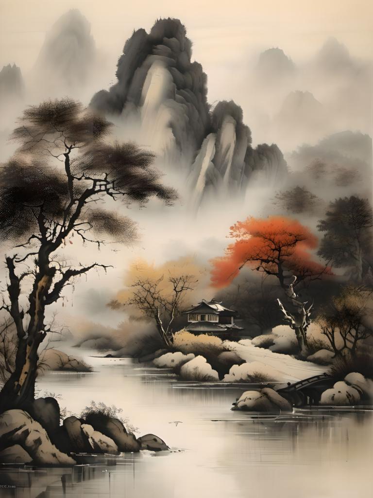 Chinese Paintings,Chinese Paintings, Nature, landscape, no humans, tree, scenery, water, outdoors, mountain