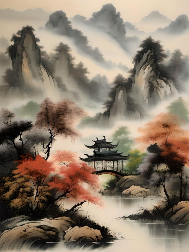 中国絵画,中国絵画, 自然, 風景, 人間がいない, 景色, 木, 建築, 東アジアの建築, 水, 山, 屋外, 滝, 霧, 自然, 川, 風景, ロック, 森, 橋