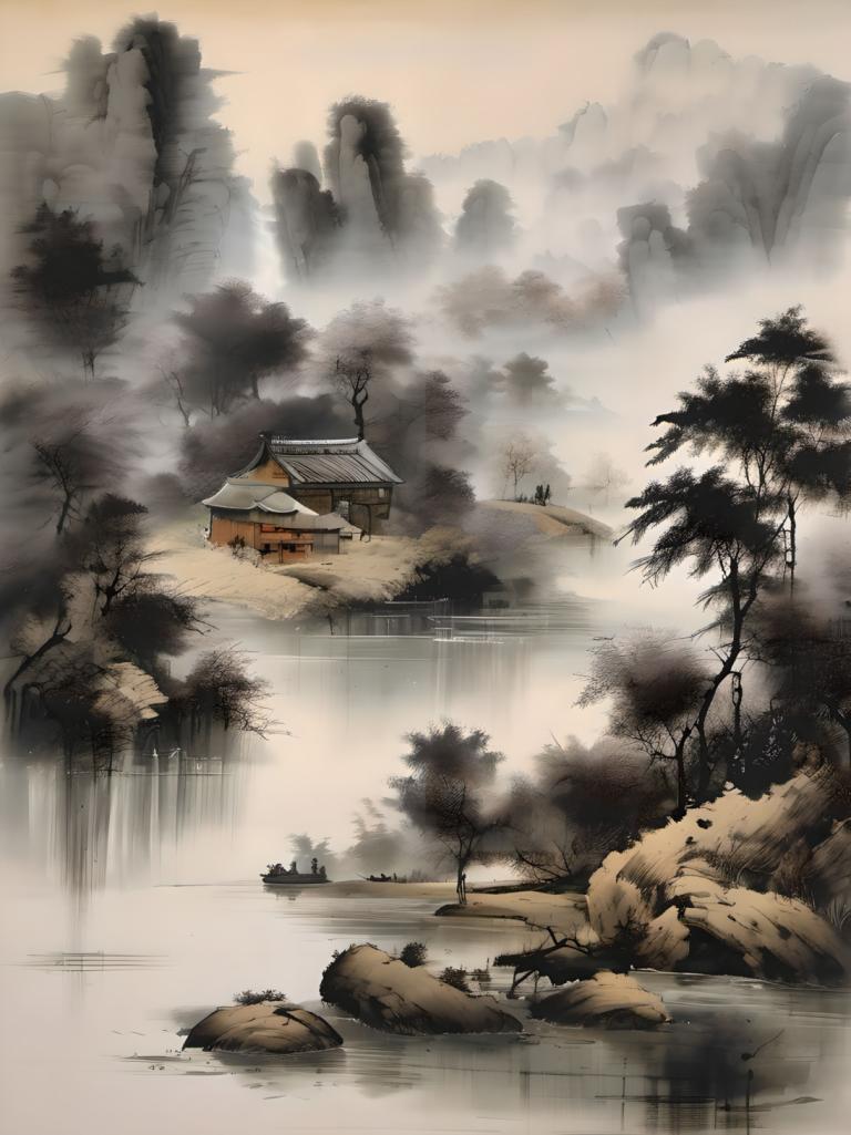 Chinese Paintings,Chinese Paintings, Nature, landscape, no humans, scenery, tree, water, fog, outdoors