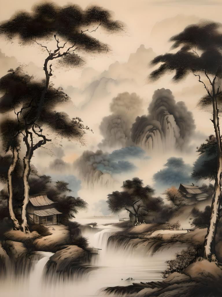 Chinese Paintings,Chinese Paintings, Nature, landscape, tree, scenery, no humans, water, waterfall, outdoors