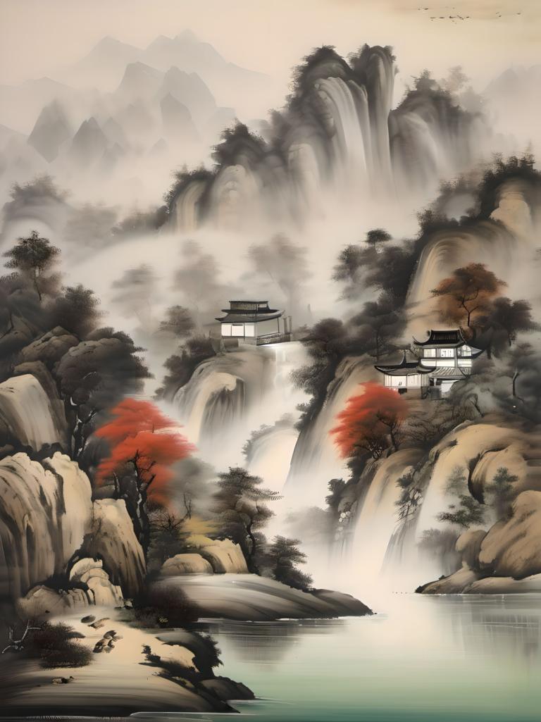 Chinese Paintings,Chinese Paintings, Nature, landscape, no humans, scenery, waterfall, water, tree, bird