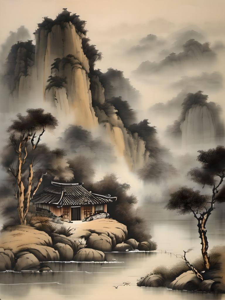 Chinese Paintings,Chinese Paintings, Nature, landscape, no humans, tree, scenery, architecture, water, rock