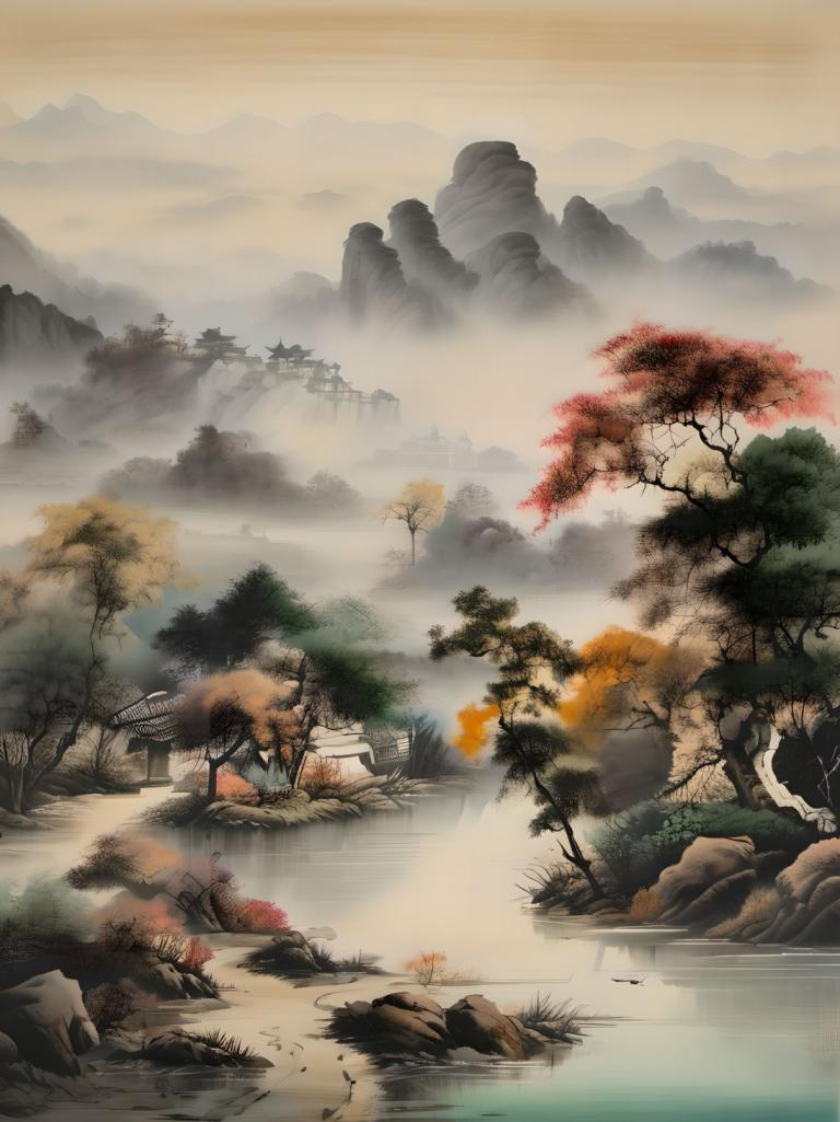 Chinese Paintings,Chinese Paintings, Nature, landscape, no humans, scenery, tree, mountain, water, landscape