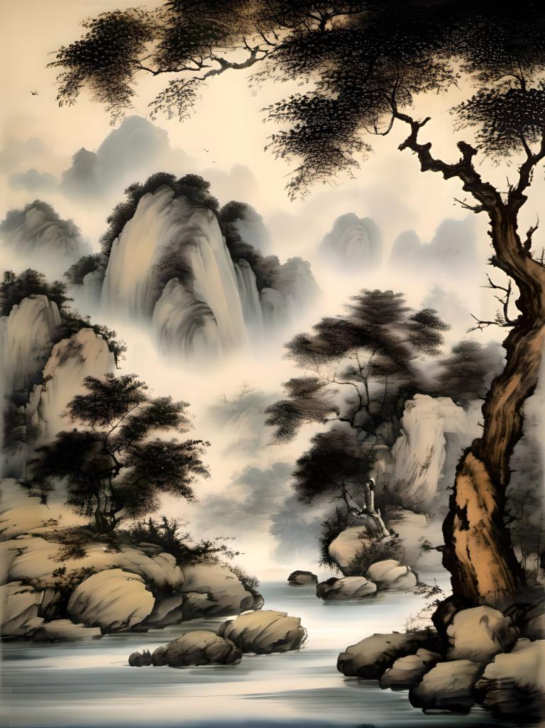 Peintures chinoises,Peintures chinoises, Nature, paysage, arbre, paysage, cascade, eau, pas d'humains, nature