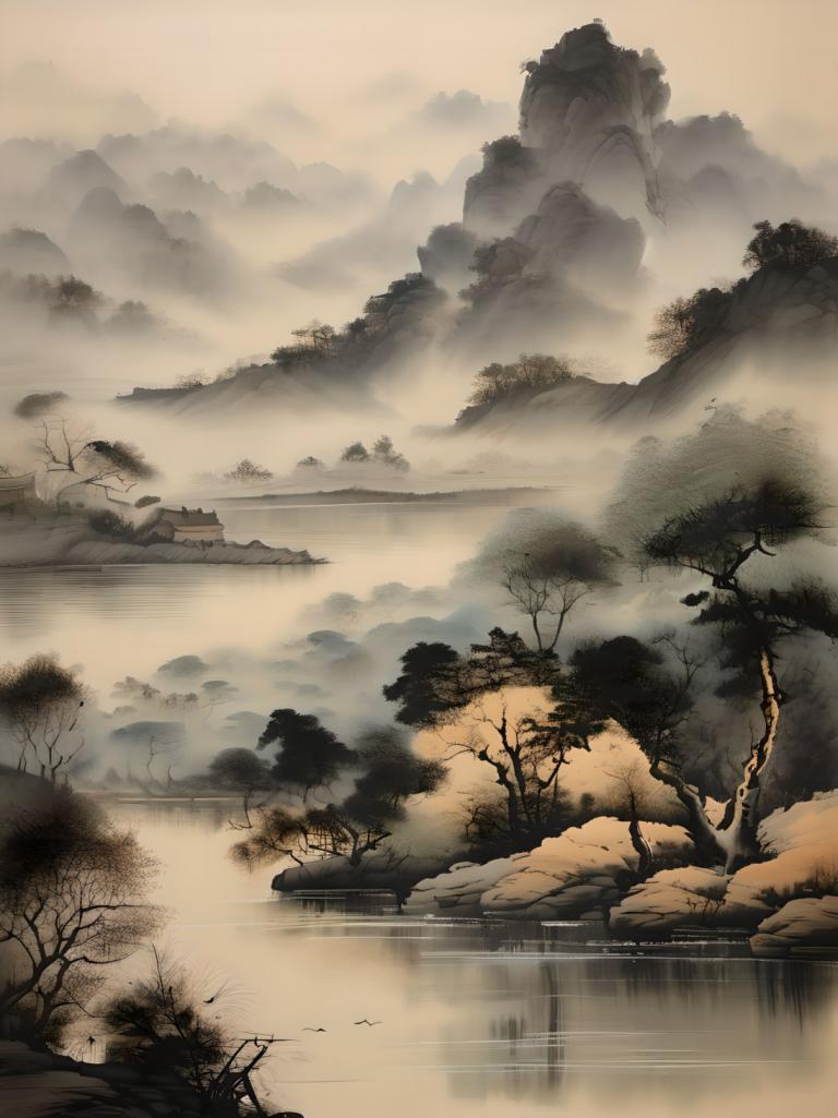 Chinese Paintings,Chinese Paintings, Nature, landscape, no humans, scenery, tree, outdoors, fog, water, lake