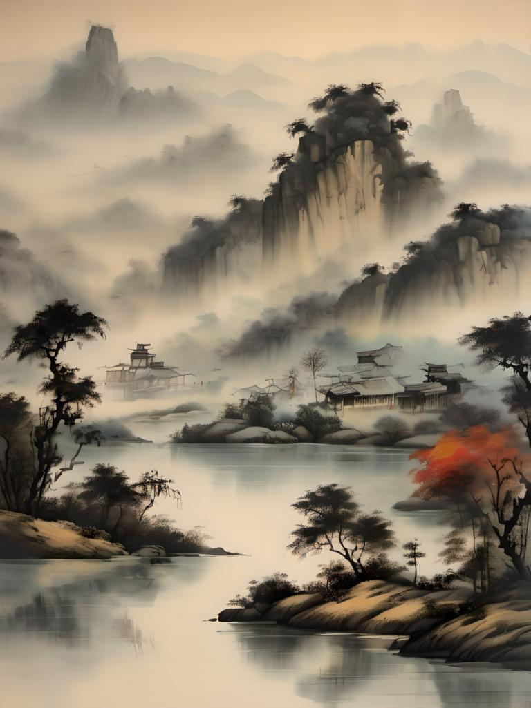 Chinese Paintings,Chinese Paintings, Nature, landscape, no humans, scenery, tree, water, outdoors, mountain