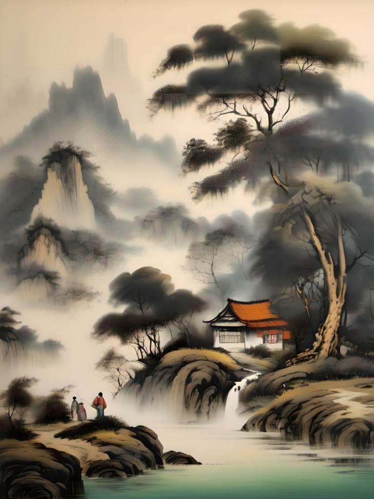 Chinese Paintings,Chinese Paintings, Nature, landscape, tree, scenery, water, waterfall, river, 1girl