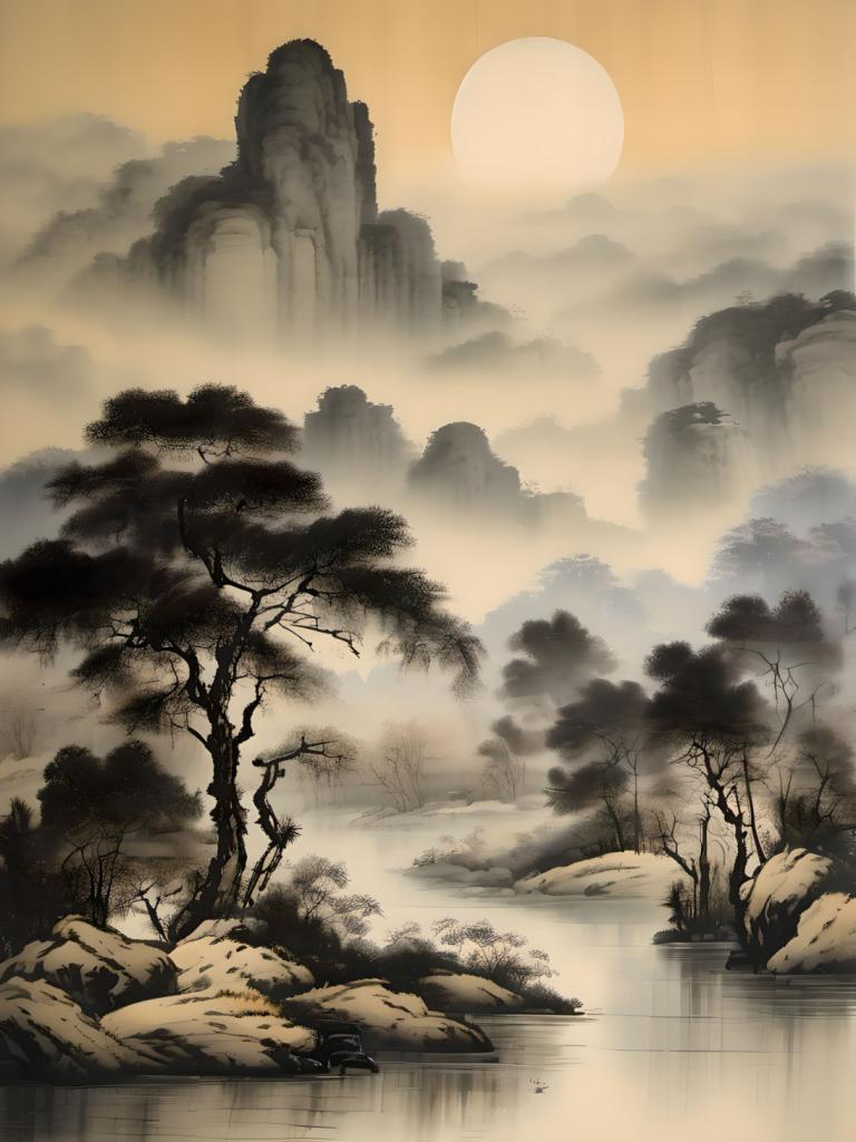 Chinese Paintings,Chinese Paintings, Nature, landscape, no humans, tree, scenery, water, sky, outdoors, cloud