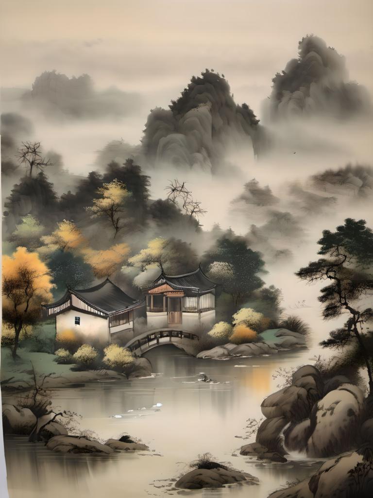 Chinesische Gemälde,Chinesische Gemälde, Natur, Landschaft, keine Menschen, Baum, Landschaft, Wasser