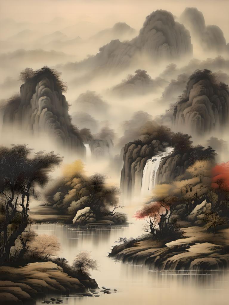 Chinese Paintings,Chinese Paintings, Nature, landscape, no humans, waterfall, scenery, tree, water, nature