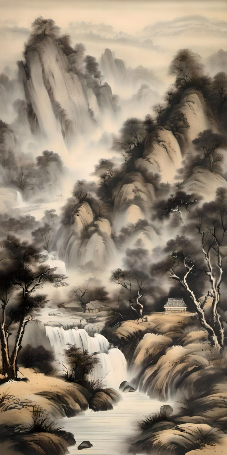 Chinesische Gemälde,Chinesische Gemälde, Natur, Landschaft, keine Menschen, Wasserfall, Landschaft, Baum