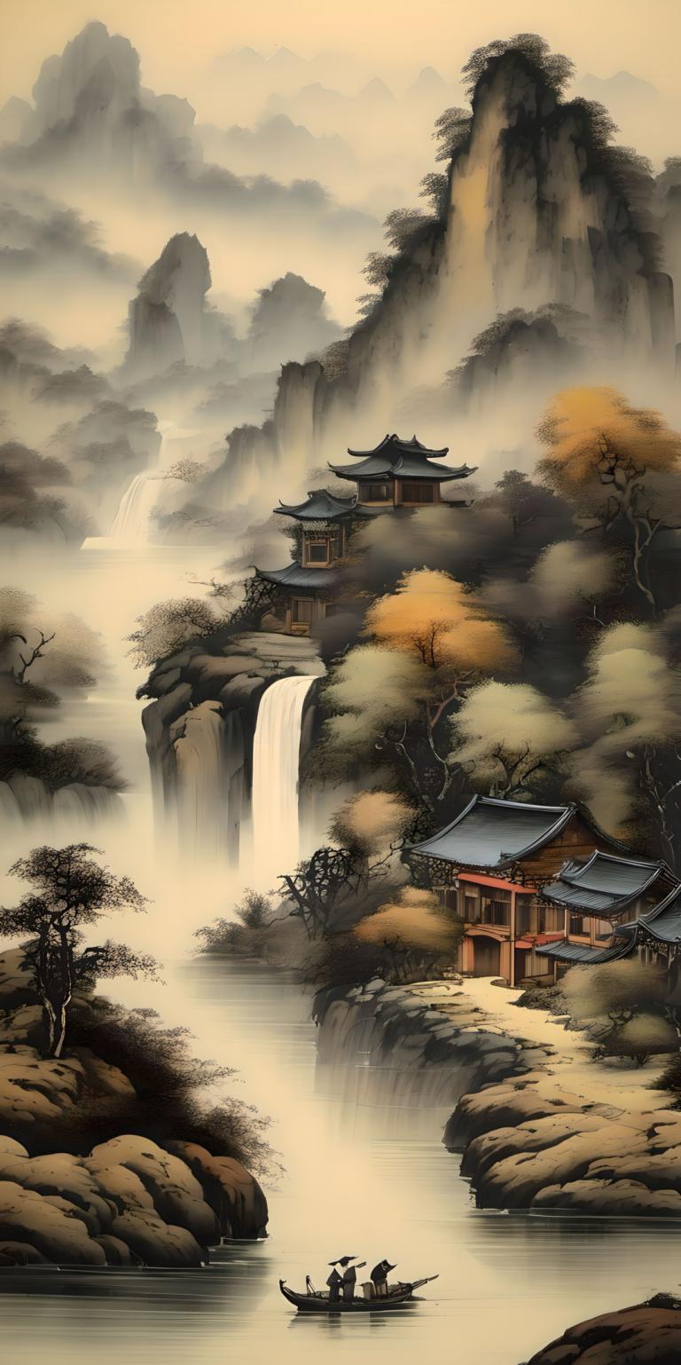 Chinese Paintings,Chinese Paintings, Nature, landscape, tree, waterfall, scenery, water, architecture