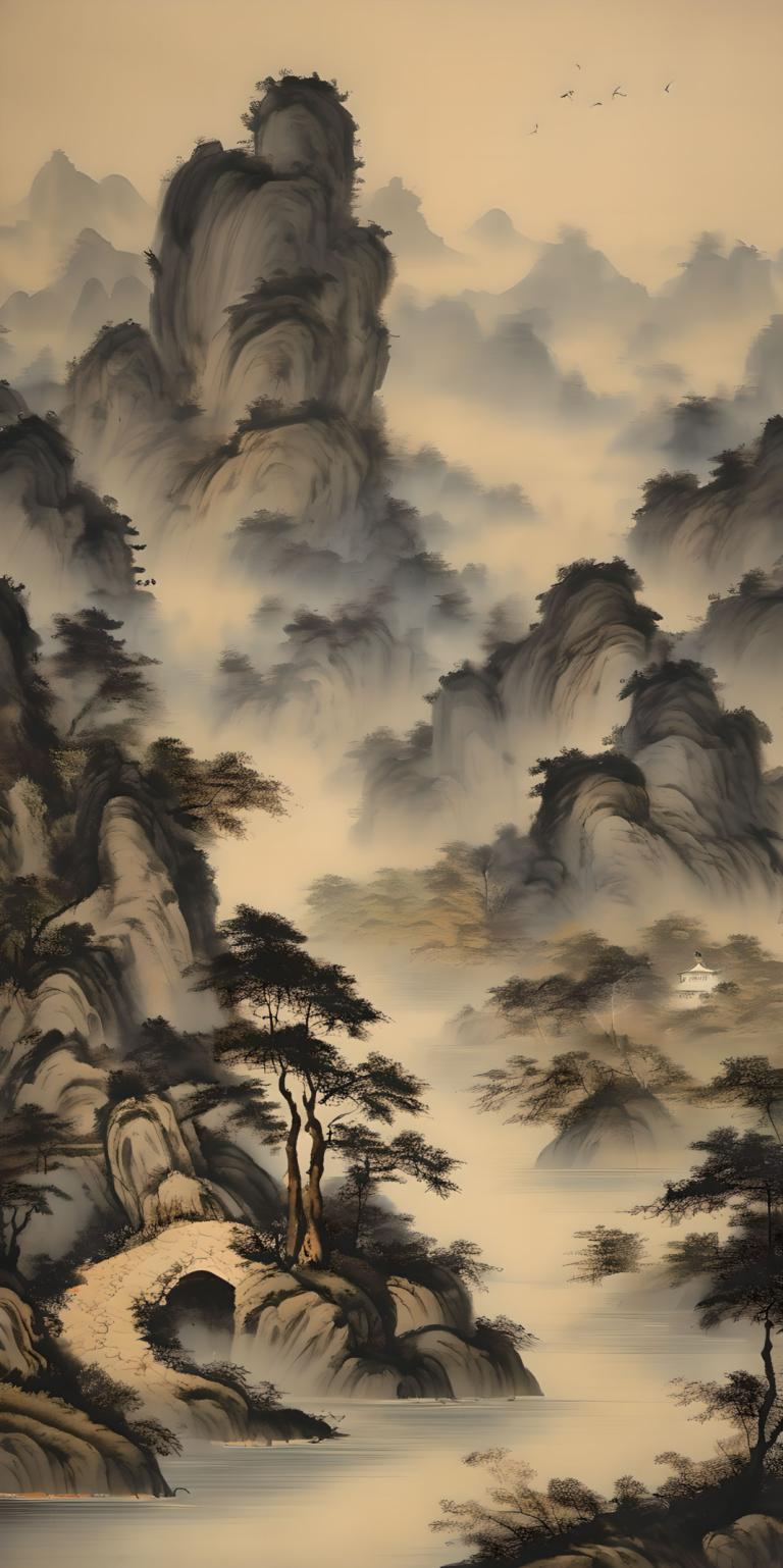 Chinese Paintings,Chinese Paintings, Nature, landscape, scenery, tree, no humans, bird, outdoors, nature, sky