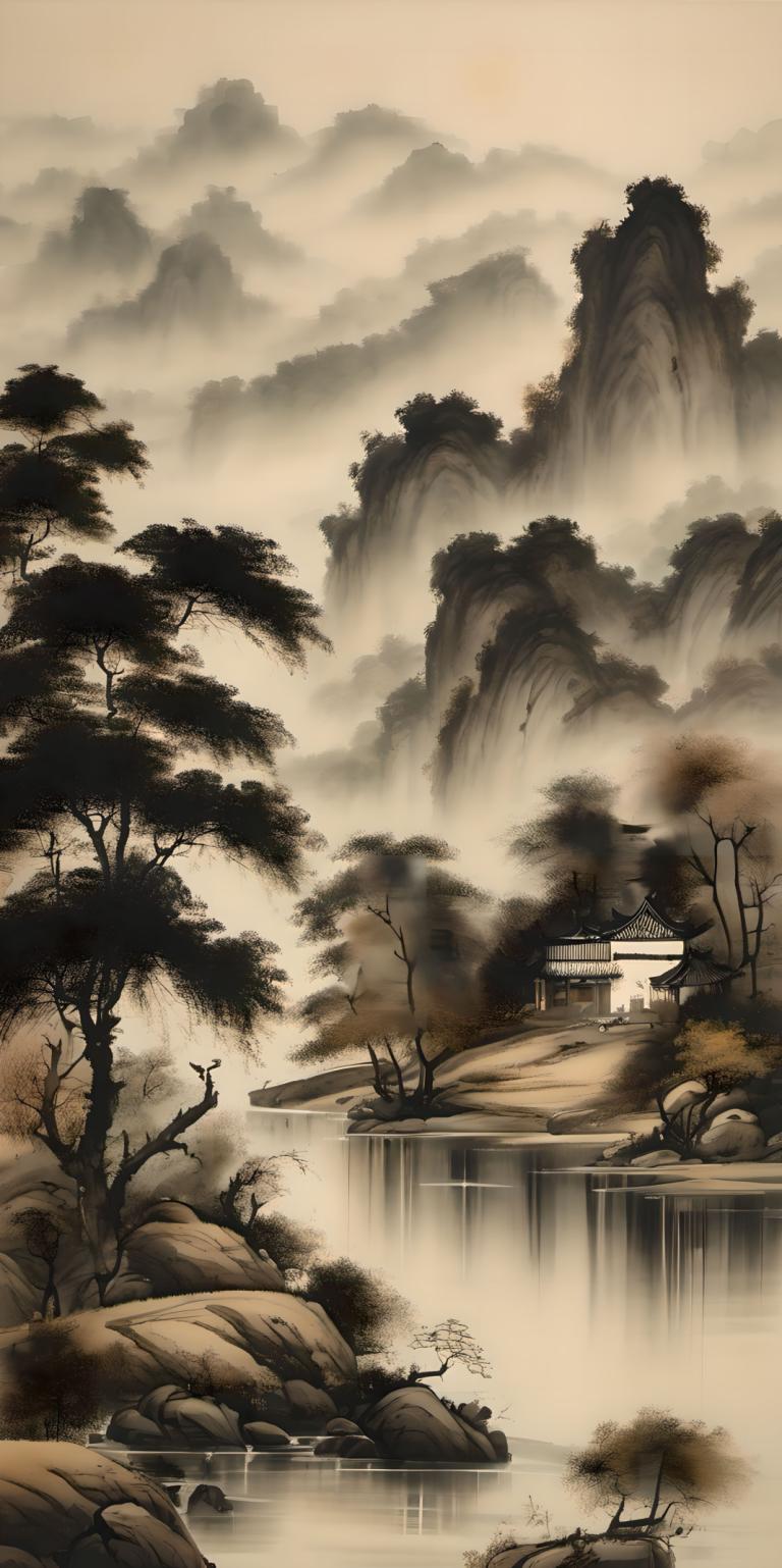 Chinese Paintings,Chinese Paintings, Nature, landscape, no humans, tree, scenery, water, cloud, outdoors