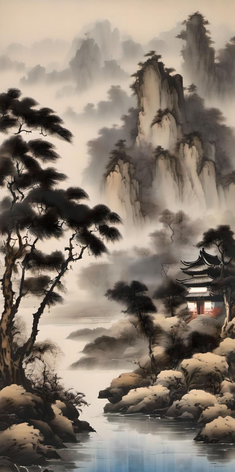 Chinese Paintings,Chinese Paintings, Nature, landscape, no humans, scenery, tree, architecture