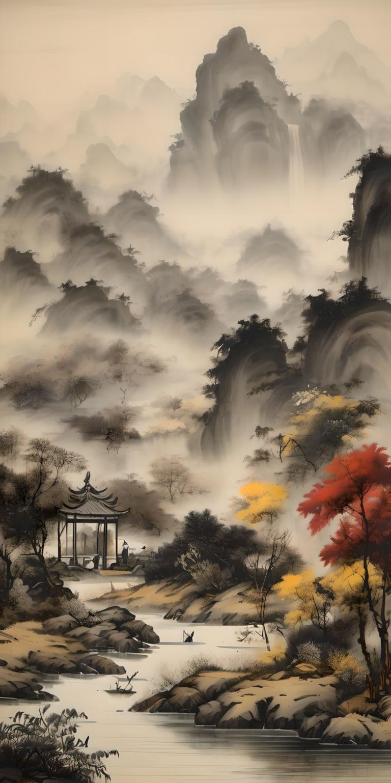 Peintures chinoises,Peintures chinoises, Nature, paysage, paysage, arbre, pas d'humains, nature, eau