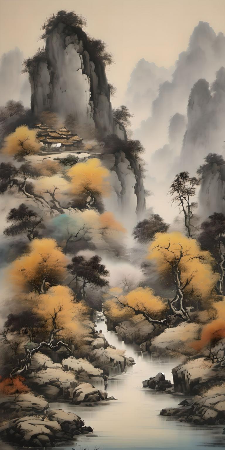 Chinese Paintings,Chinese Paintings, Nature, landscape, tree, scenery, no humans, water, waterfall, outdoors