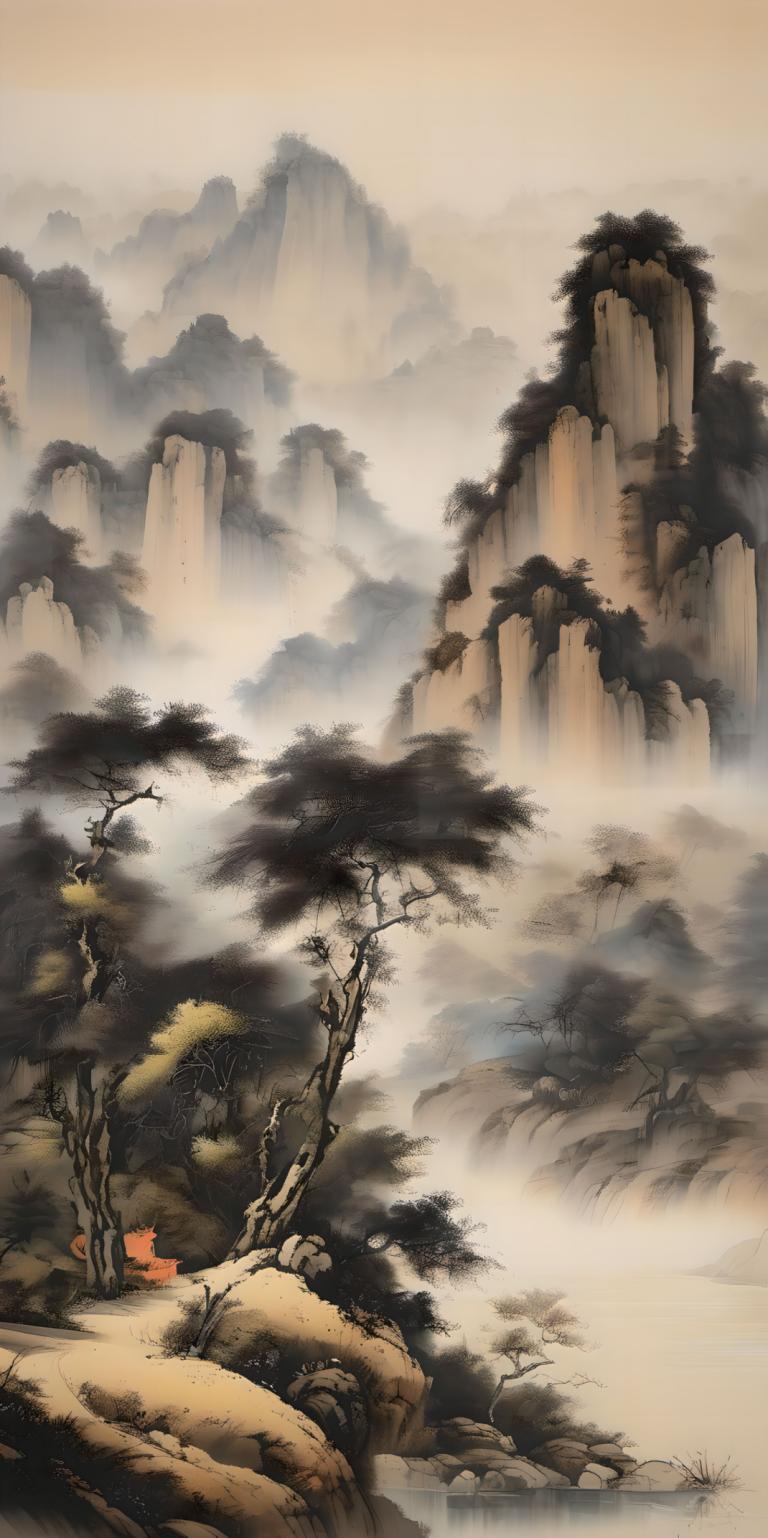 Chinese Paintings,Chinese Paintings, Nature, landscape, scenery, waterfall, tree, water, no humans, outdoors