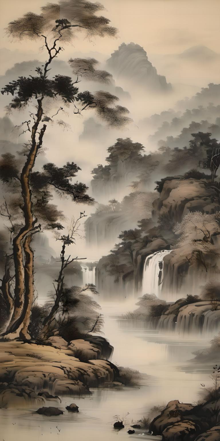 Chinese Paintings,Chinese Paintings, Nature, landscape, waterfall, scenery, tree, no humans, water, outdoors