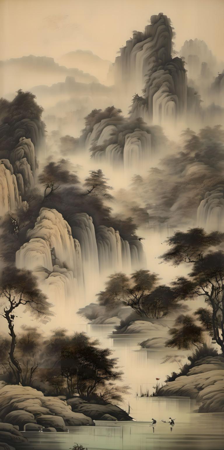 Chinese Paintings,Chinese Paintings, Nature, landscape, tree, scenery, water, waterfall, nature, river