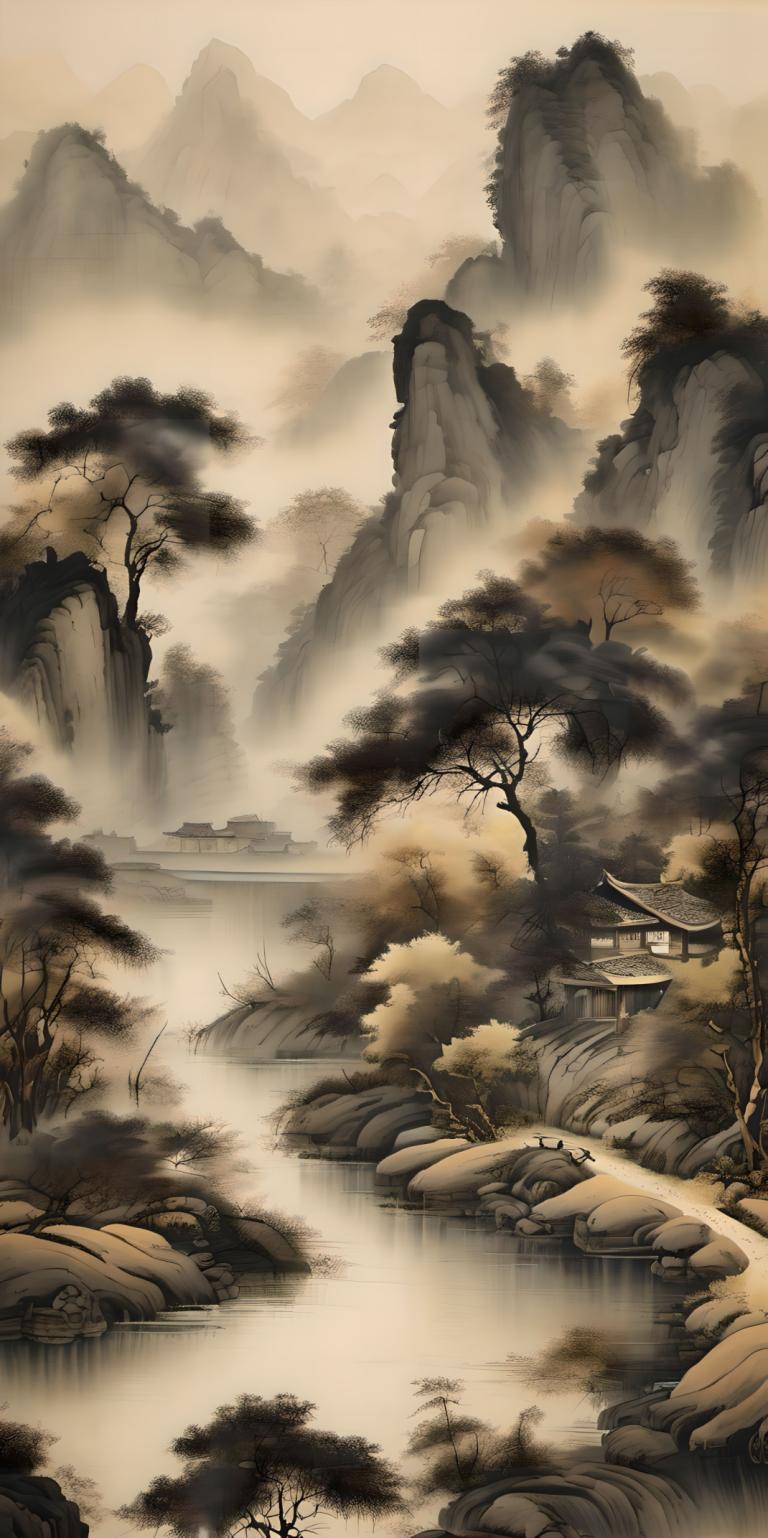 Peintures chinoises,Peintures chinoises, Nature, paysage, pas d'humains, paysage, arbre, architecture