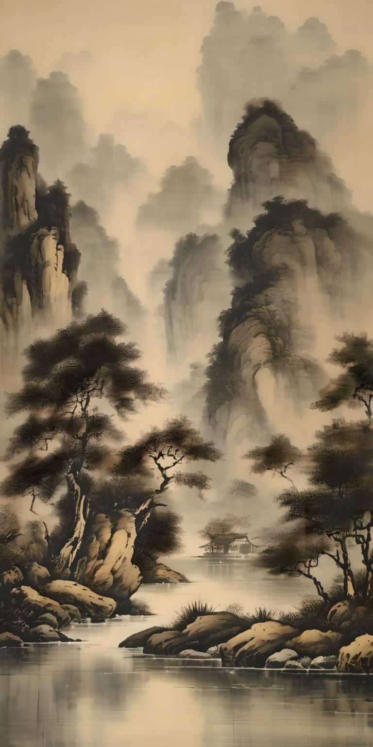 Chinese Paintings,Chinese Paintings, Nature, landscape, no humans, scenery, tree, water, outdoors, nature