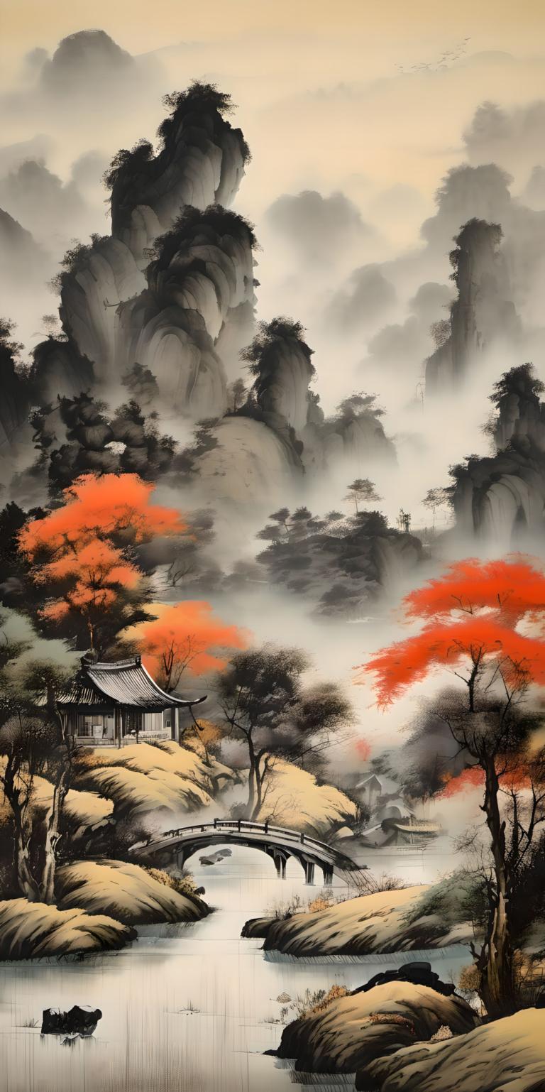 Peintures chinoises,Peintures chinoises, Nature, paysage, arbre, pas d'humains, paysage, eau, montagne, pont