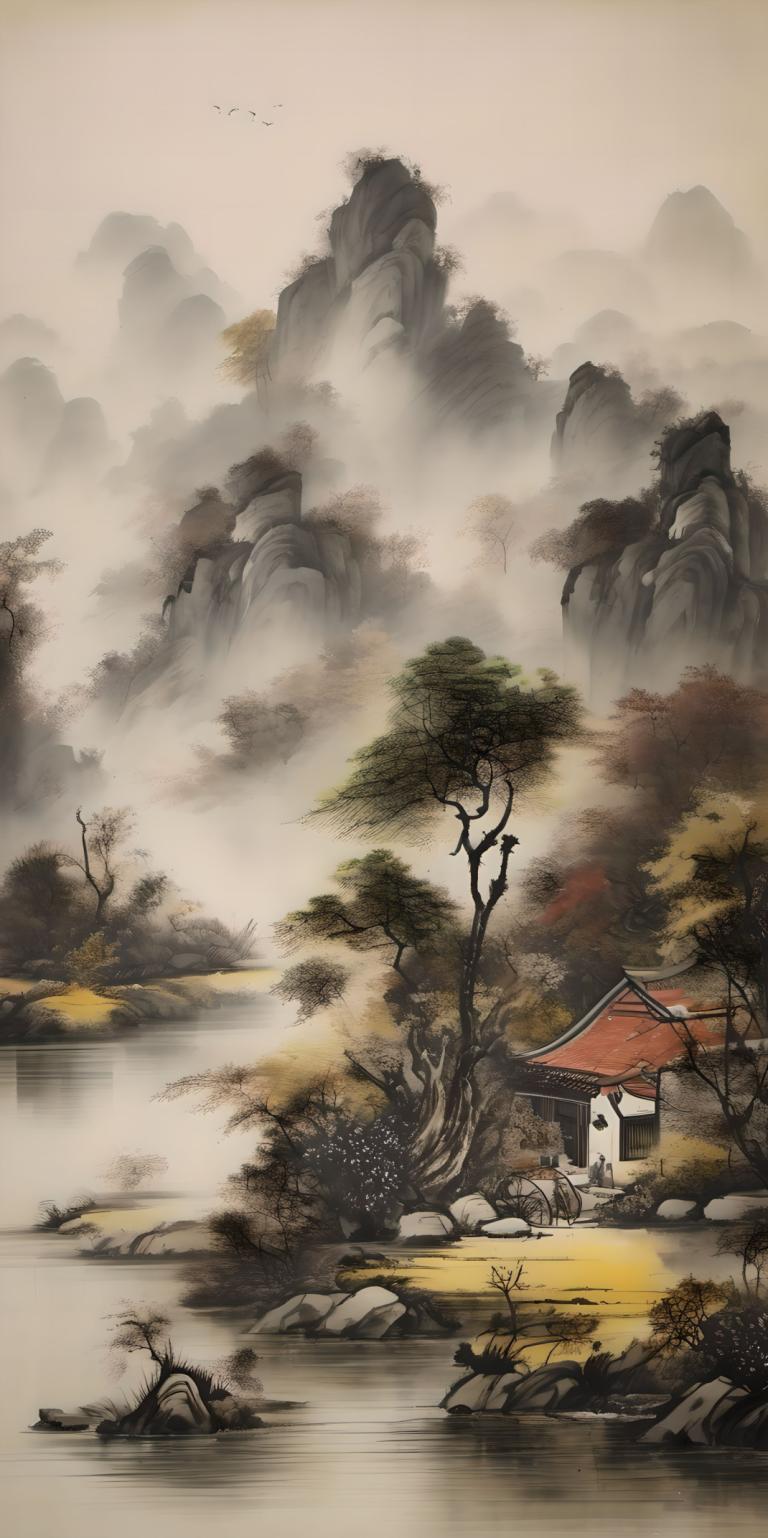 Peintures chinoises,Peintures chinoises, Nature, paysage, pas d'humains, arbre, paysage, nature, oiseau