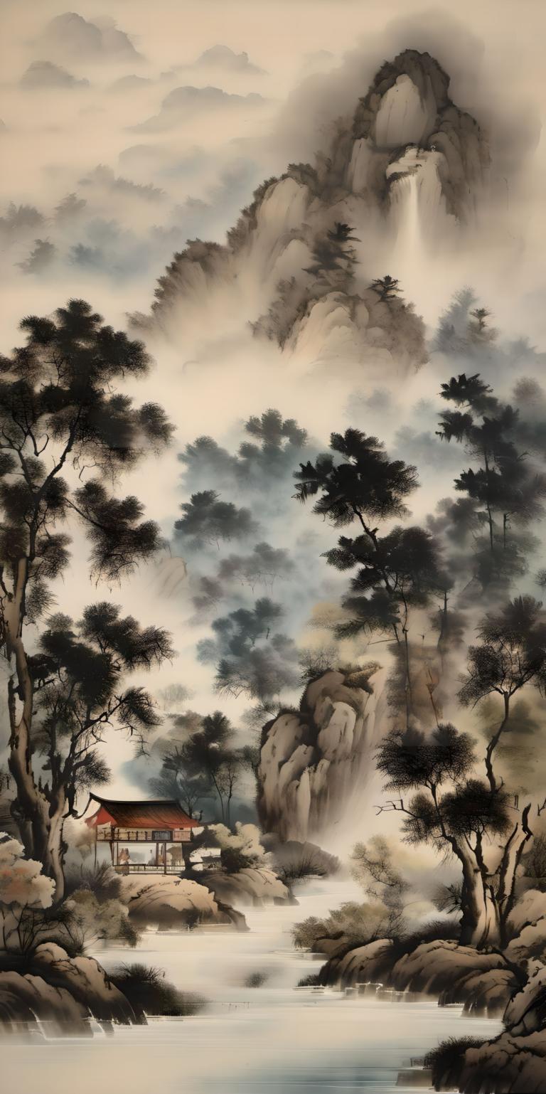 Peintures chinoises,Peintures chinoises, Nature, paysage, pas d'humains, arbre, paysage, cascade, eau, nature