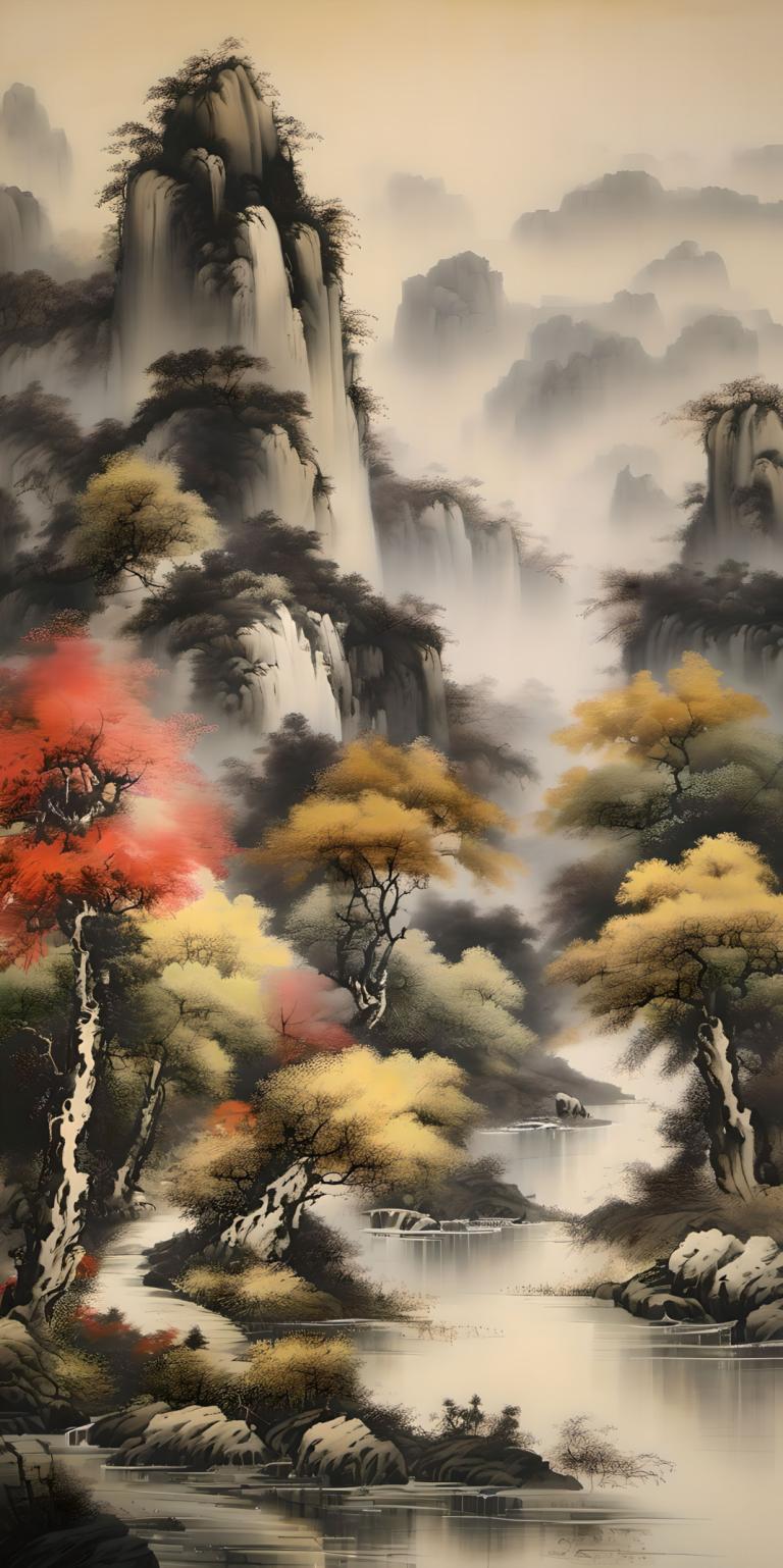 Peintures chinoises,Peintures chinoises, Nature, paysage, cascade, paysage, pas d'humains, arbre, eau, nature