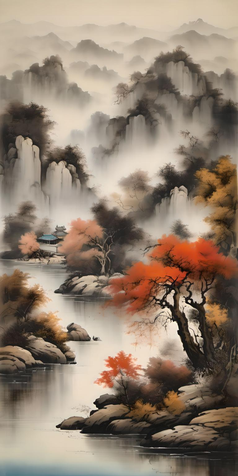 Chinese Paintings,Chinese Paintings, Nature, landscape, no humans, scenery, tree, water, waterfall, outdoors