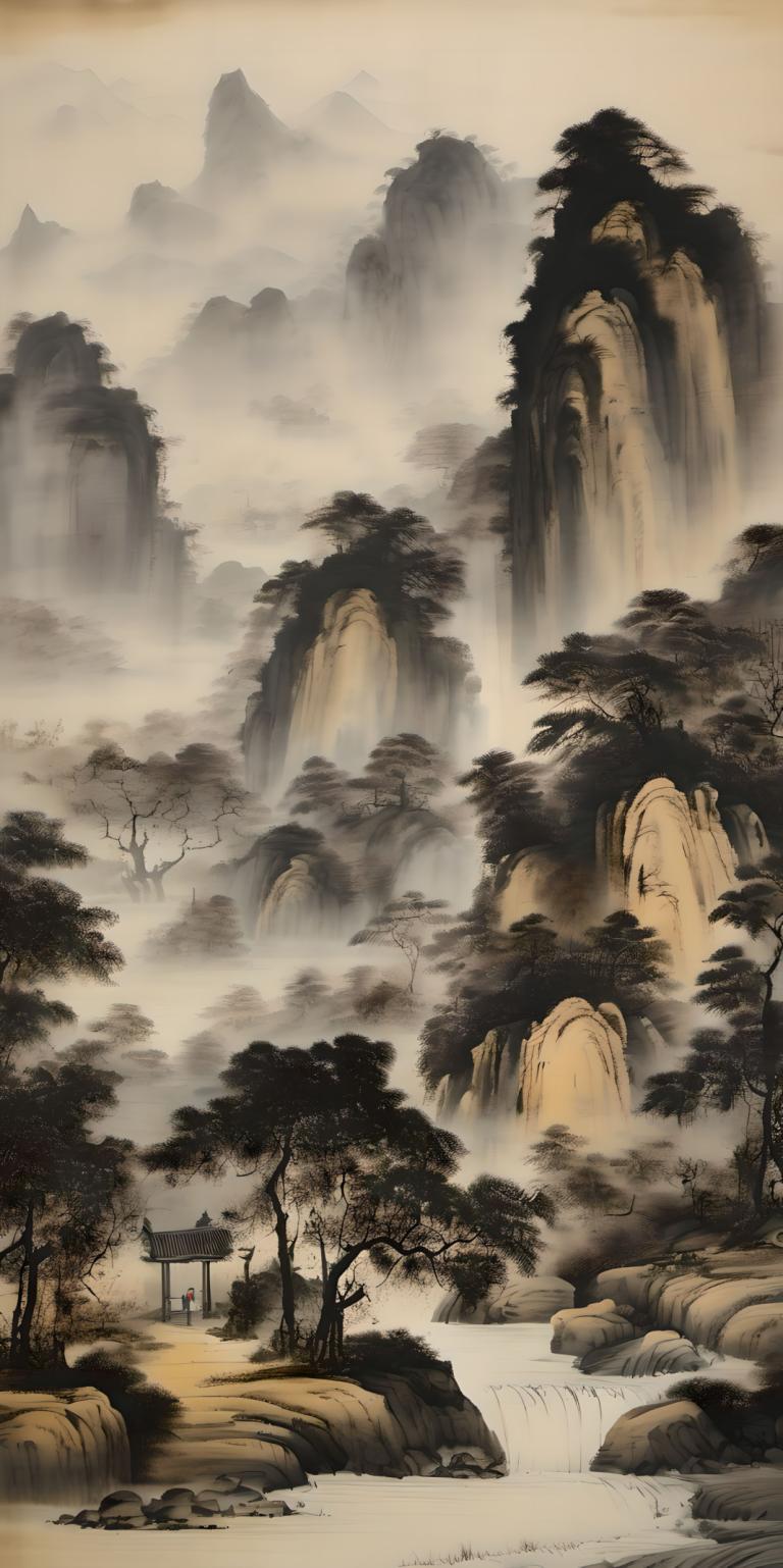 Chinese Paintings,Chinese Paintings, Nature, landscape, scenery, tree, no humans, water, nature, outdoors