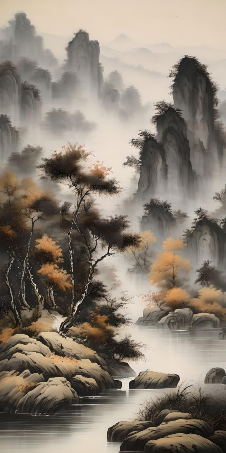 Peintures chinoises,Peintures chinoises, Nature, paysage, pas d'humains, paysage, arbre, en plein air, eau