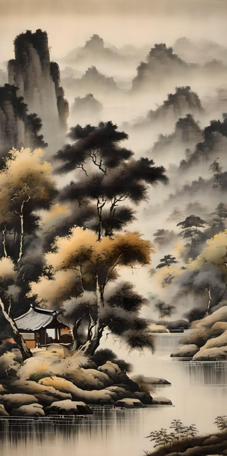 Chinese Paintings,Chinese Paintings, Nature, landscape, no humans, tree, scenery, outdoors, architecture