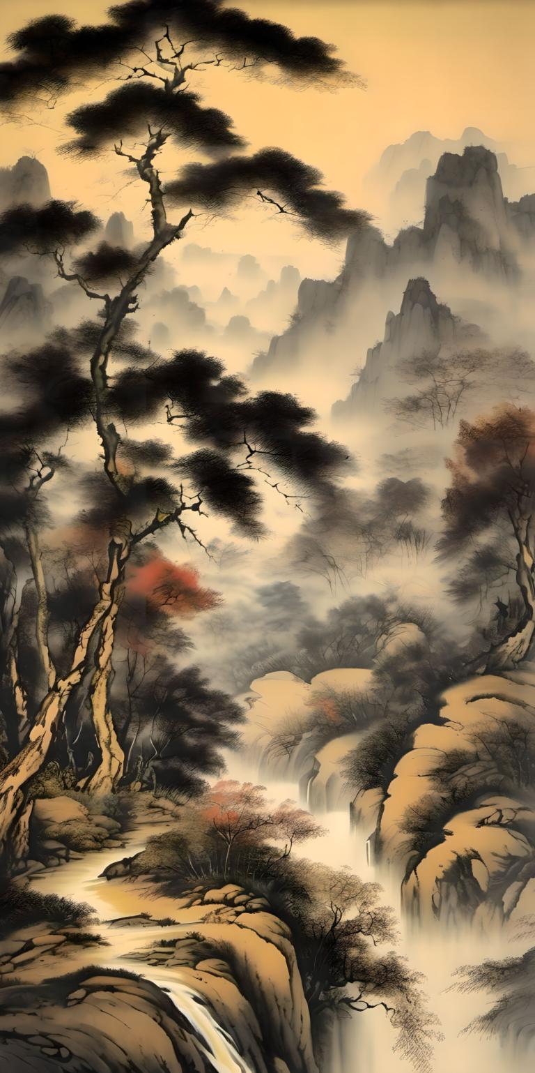 Peintures chinoises,Peintures chinoises, Nature, paysage, pas d'humains, paysage, arbre, nature, montagne