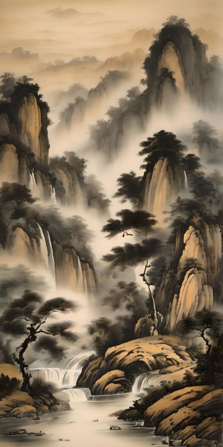 Chinese Paintings,Chinese Paintings, Nature, landscape, waterfall, no humans, scenery, water, tree, nature