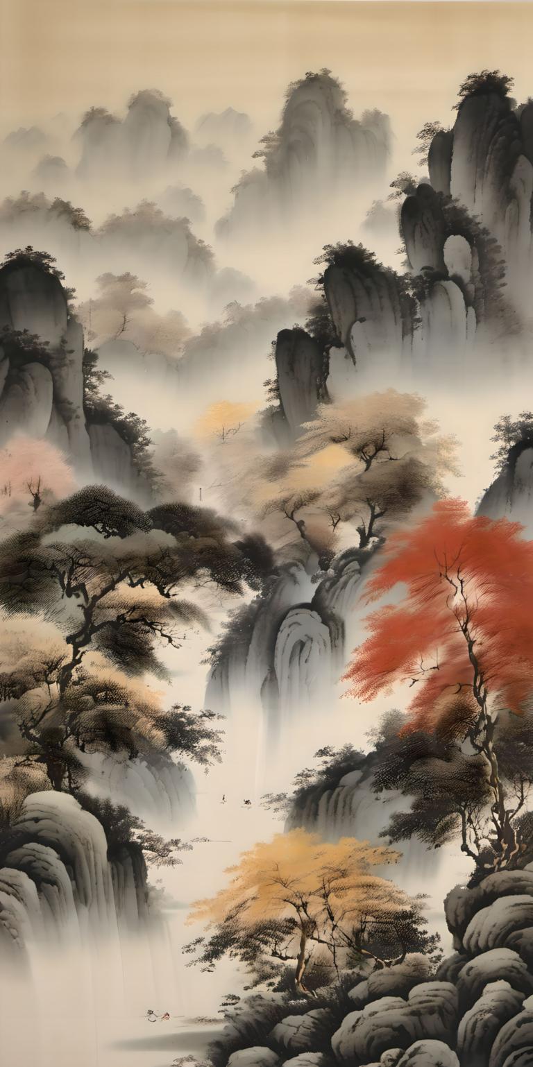 Chinese Paintings,Chinese Paintings, Nature, landscape, scenery, waterfall, tree, no humans, water, nature