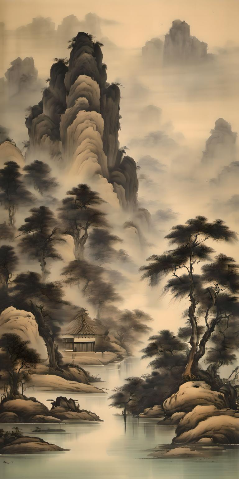 Peintures chinoises,Peintures chinoises, Nature, paysage, pas d'humains, arbre, paysage, eau, rocher