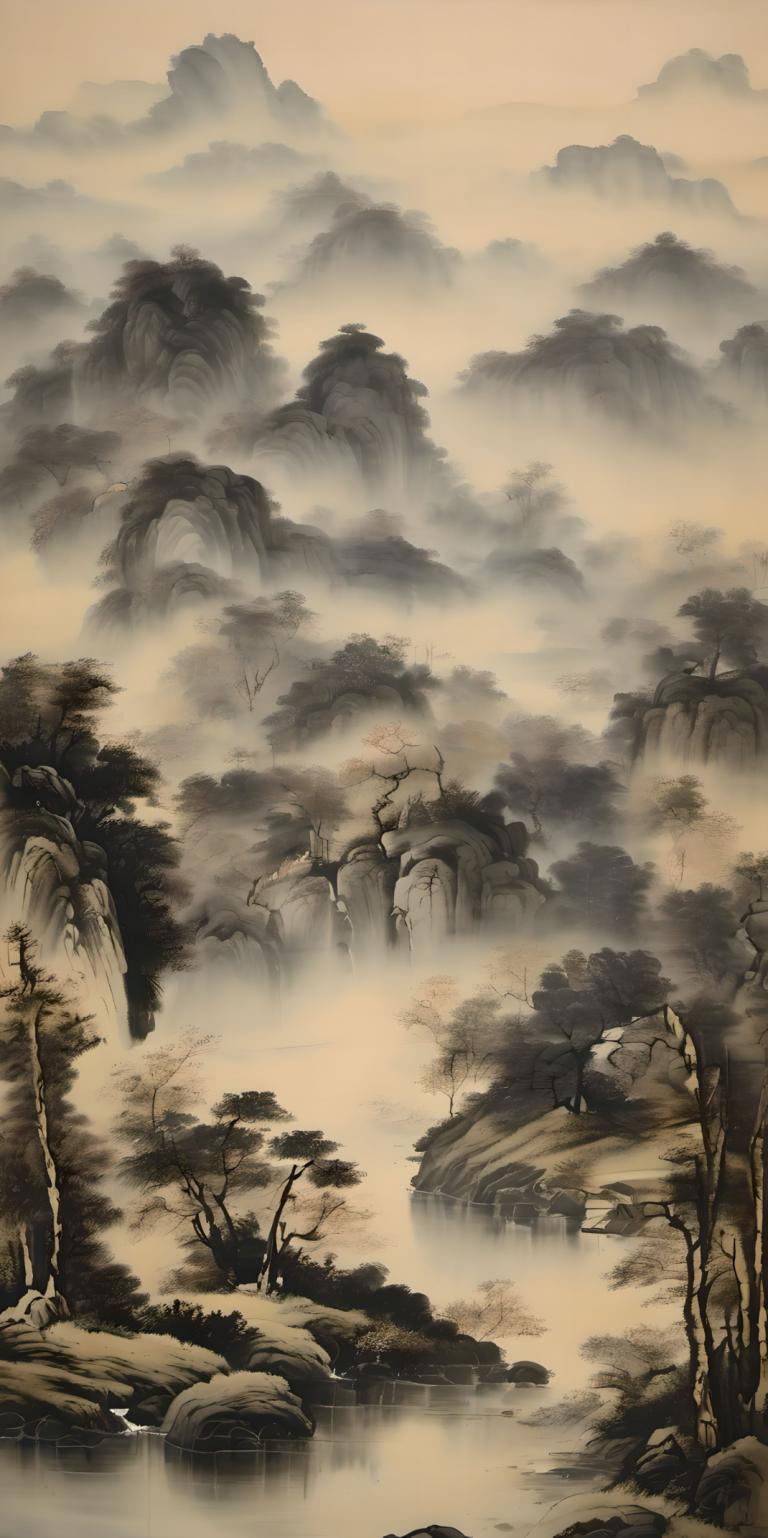 Chinese Paintings,Chinese Paintings, Nature, landscape, no humans, scenery, tree, nature, outdoors, water