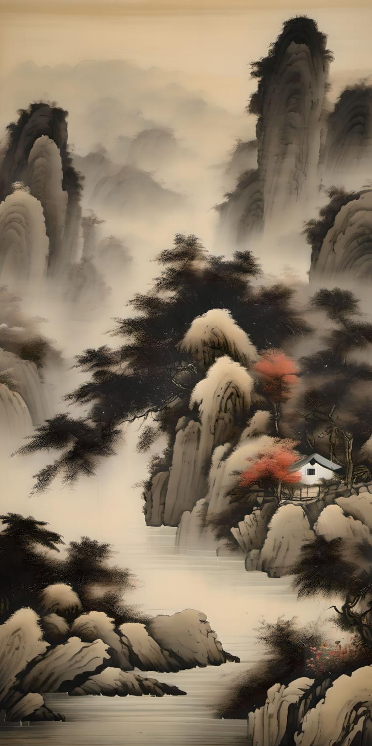 Peintures chinoises,Peintures chinoises, Nature, paysage, arbre, pas d'humains, paysage, eau, nature