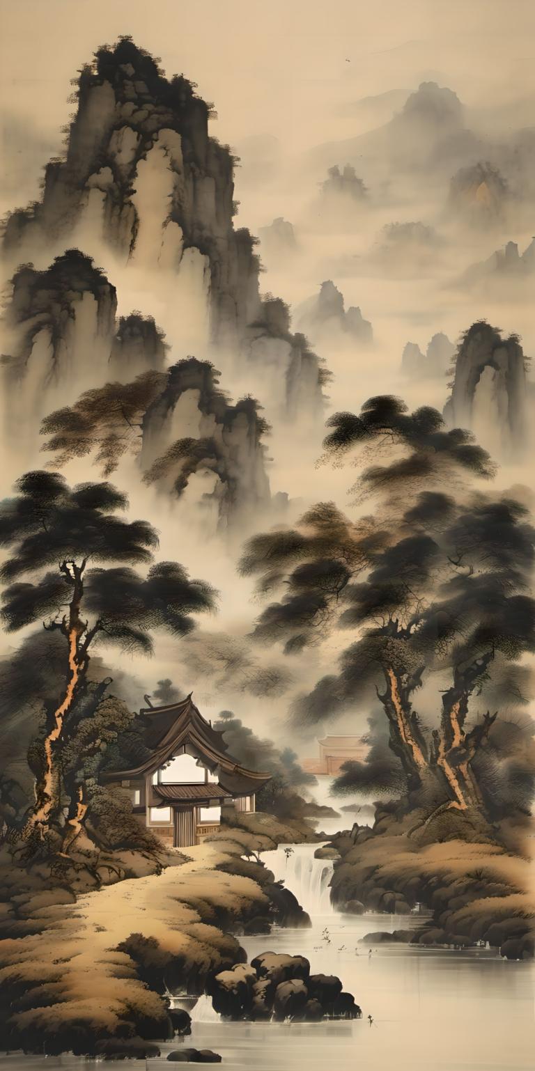 Chinese Paintings,Chinese Paintings, Nature, landscape, no humans, scenery, tree, outdoors, architecture